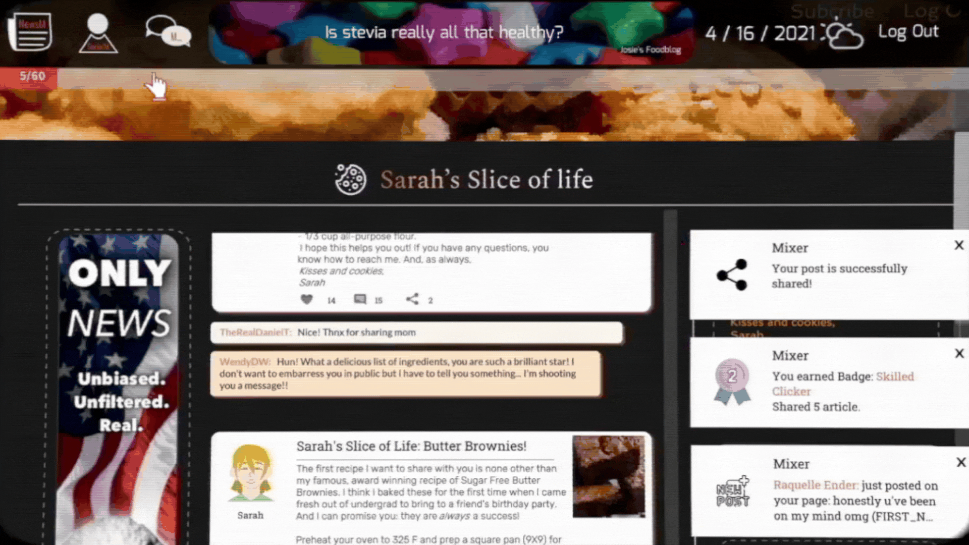 Social media page in-game