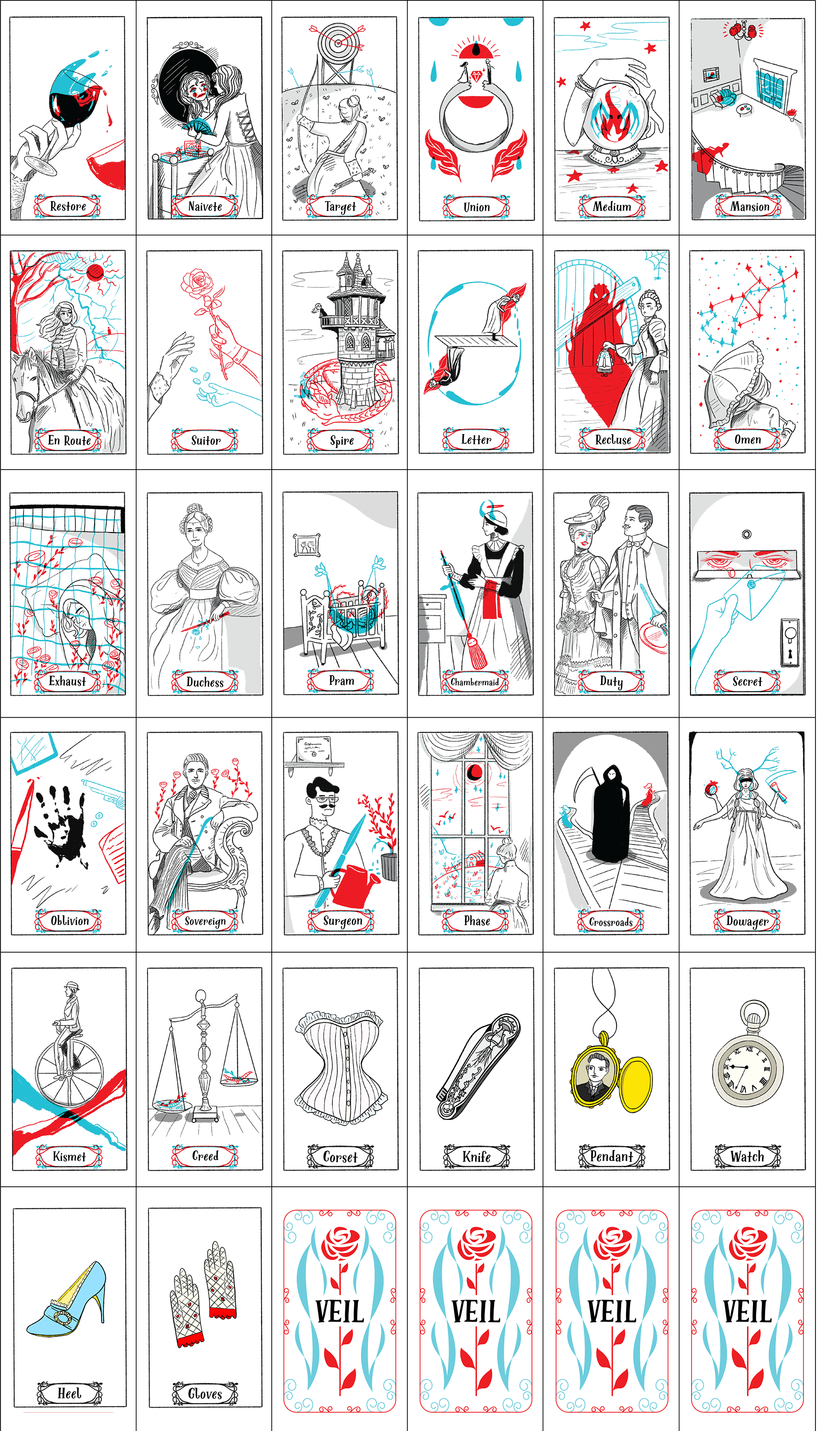 Finished tarot deck laid out in a row